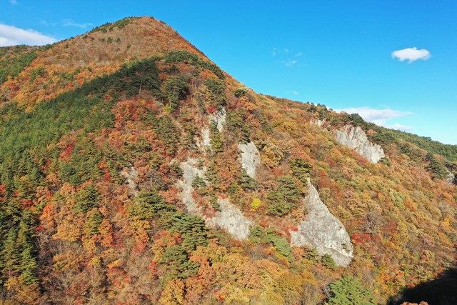 【空撮編】中央が聖ヶ岩で右奥が大日ヶ岩で、左奥のピークが権太倉山となります。