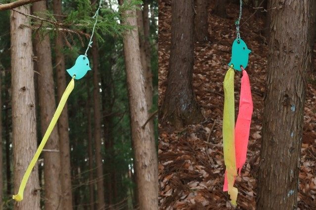 目印のテープは、西音森山のオリジナリティが感じられます。
(鳥型のプレートに黄色1本のものと、黄色&ピンク1本ずつの2種類)