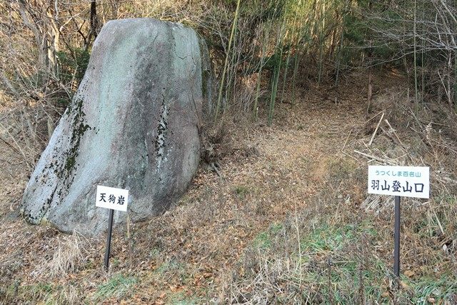 林道とのT字路を左に折れて直ぐの登山口です。
天狗岩の右側から山道へと入って行きます。