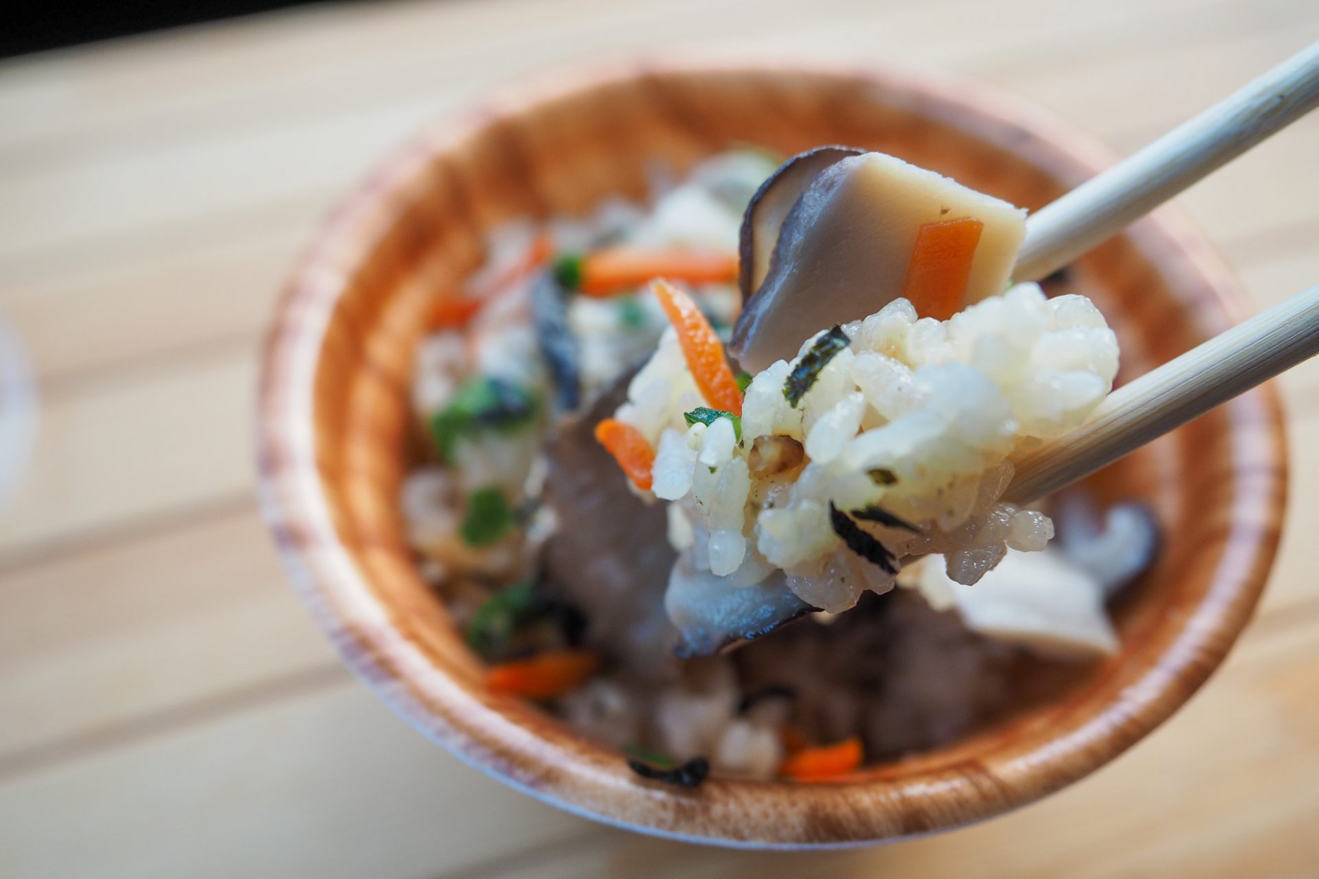 ”Takikomi gohan”, rice seasoned and cooked with mushrooms and various ingredients