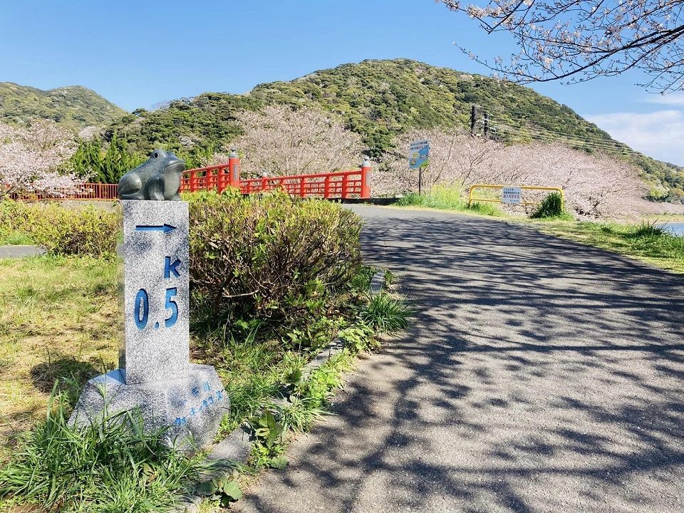 「日野橋」からさらに5分ほど。
朱色の橋が見えてきました。