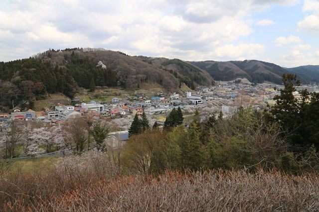 源平山（左奥）と双里地区の街並みです。