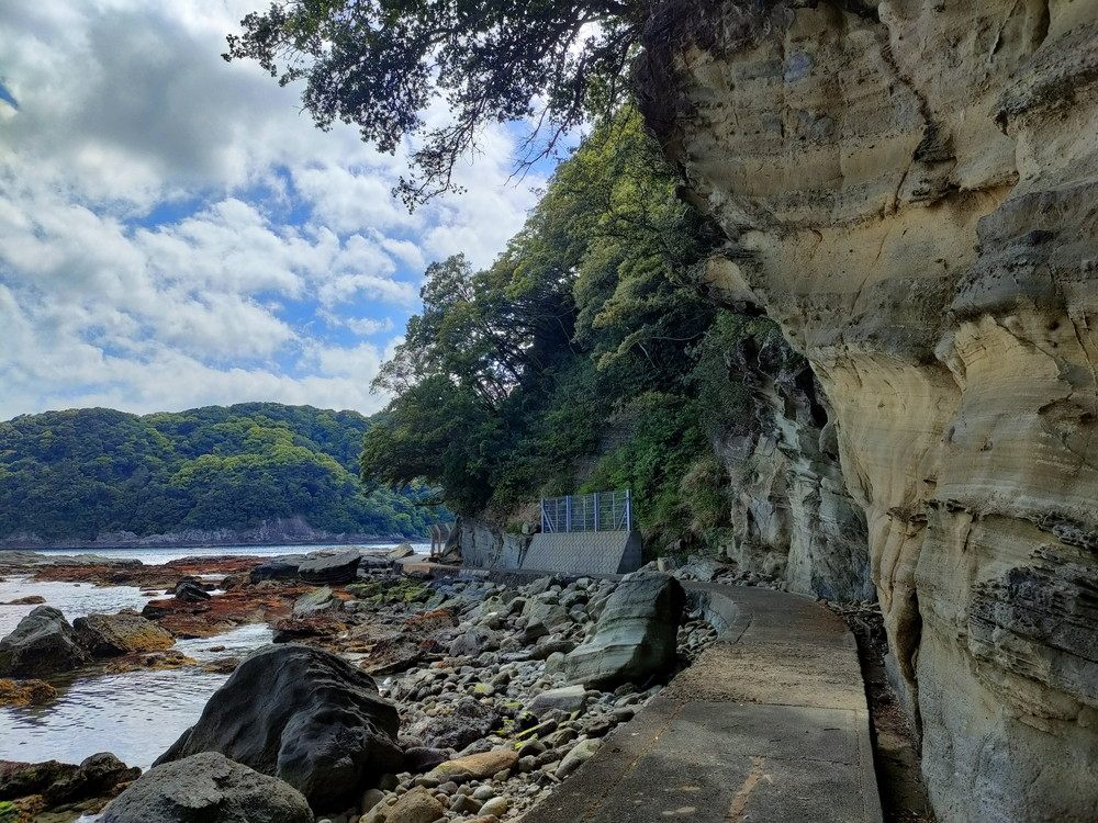 ジオパークである伊豆半島。美しい縞模様や荒々しい斜面など、海底火山の名残？が遊歩道に沿って変化していくのも楽しめます。