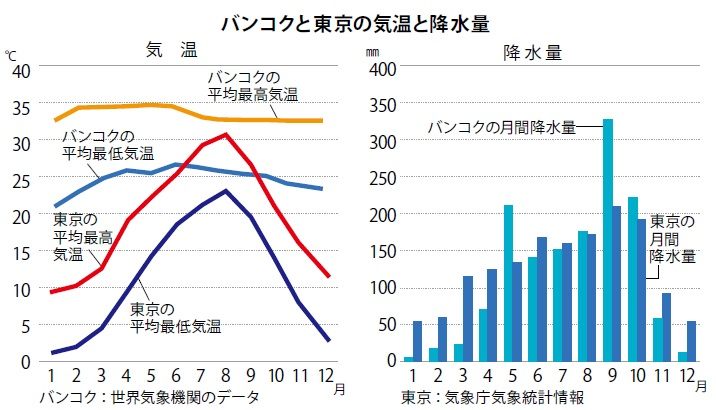 東京に比べ、1年を通して気温が安定している。雨季には毎日数回に分けて雨が降る