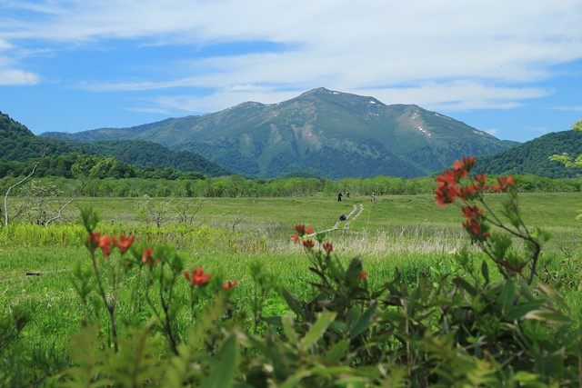 休憩しながら至仏山を望みます。