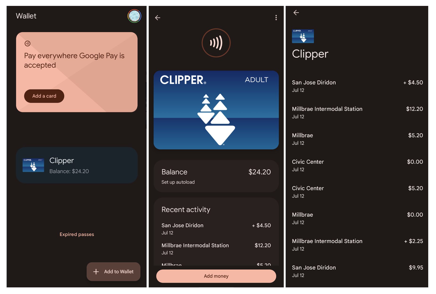 Googleウォレット上のClipper(カードの残高や利用履歴が一目瞭然に確認できる)