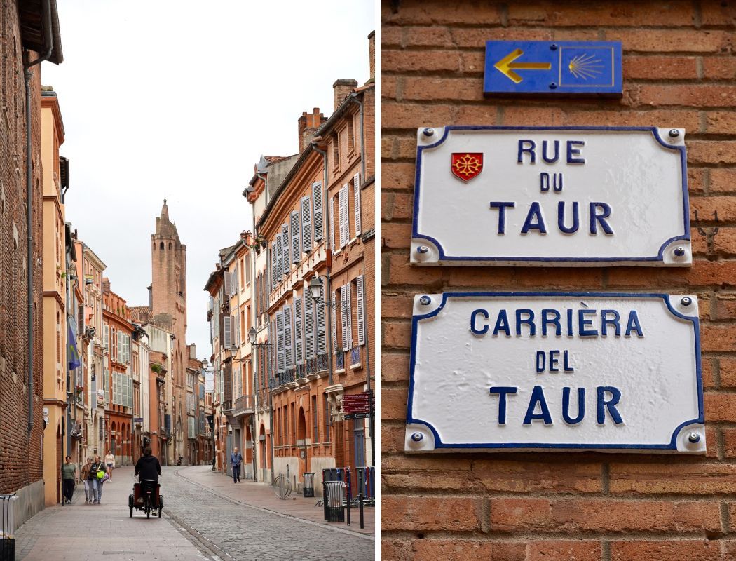 バラ色の町と称されるトゥールーズの町並み（左）　通り名のプレートはフランス語（上）とオック語（下）の2種。ホタテ貝の模様が刻まれた青いプレートは巡礼路の道しるべ