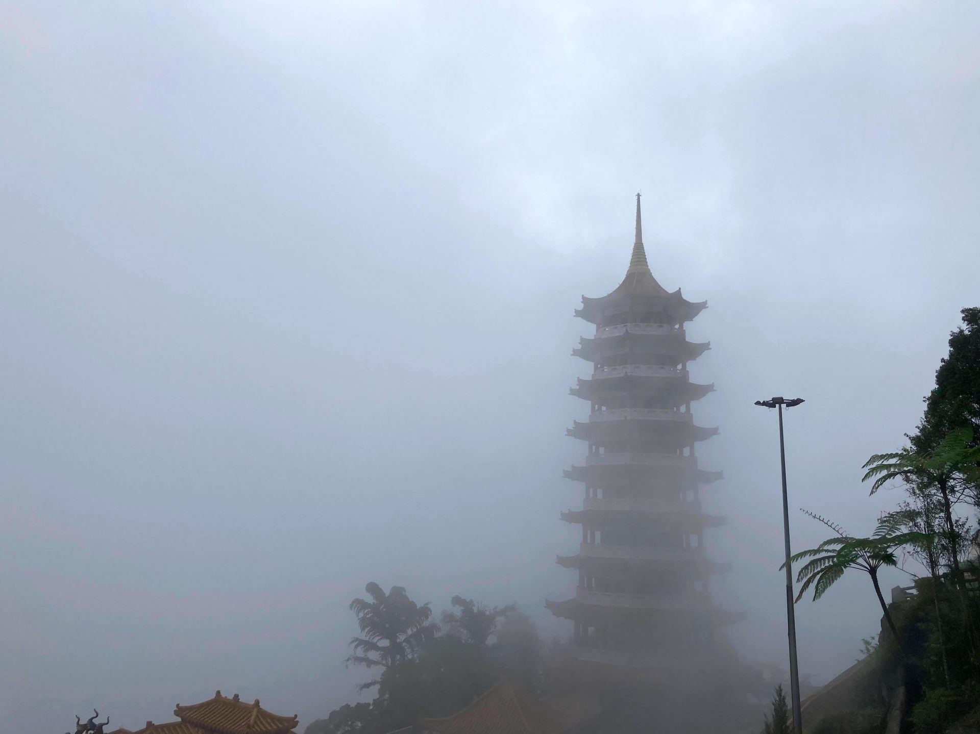 霧の中に佇む仏塔は墨絵のような趣がある