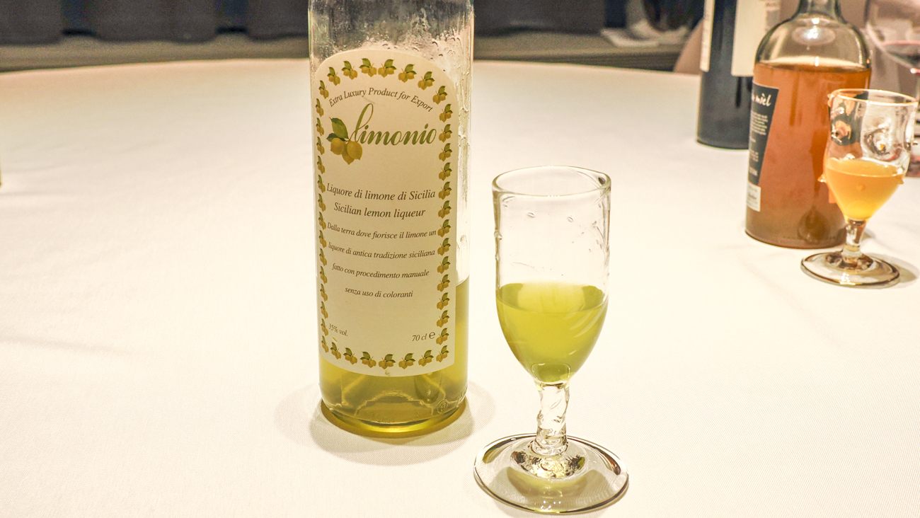 Limoncello, one of the after-dinner drinks served in a crafted glass from Hokkaido