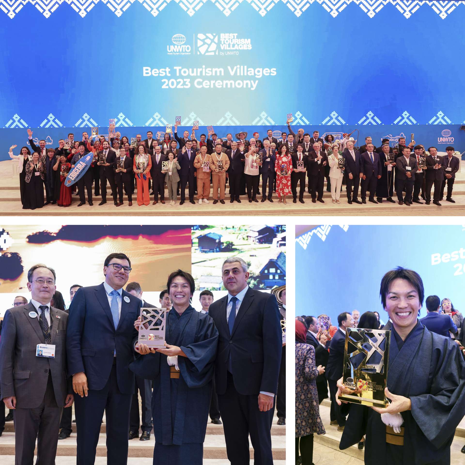 上：ベスト・ツーリズム・ビレッジ表彰式（©UNWTO）／下左：白馬村丸山村長の受賞時の様子（©UNWTO）／受賞後に記念写真に応じてくれた白馬村丸山村長