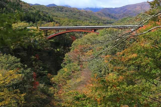 右岸側を少し進んだ先の展望台から望む雪割橋です。（10月末）