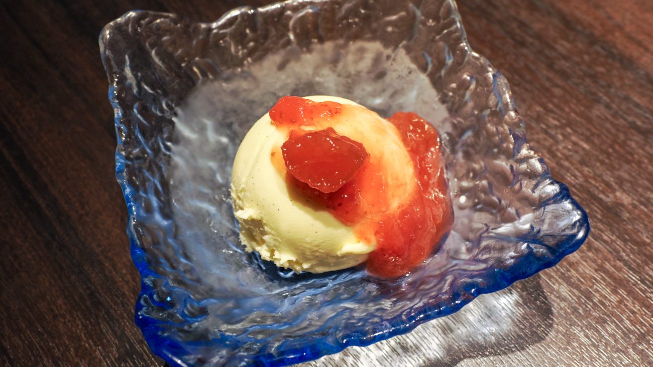 Ice cream with ICHIE confiture of strawberry and rhubarb