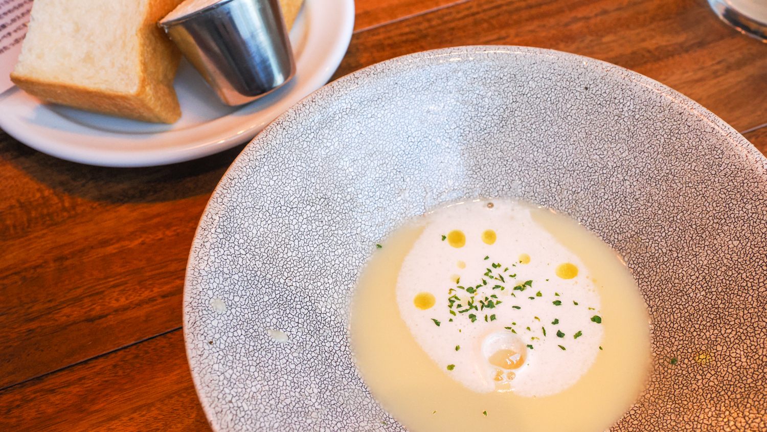 Corn soup with cheese cream for the set meal lunch