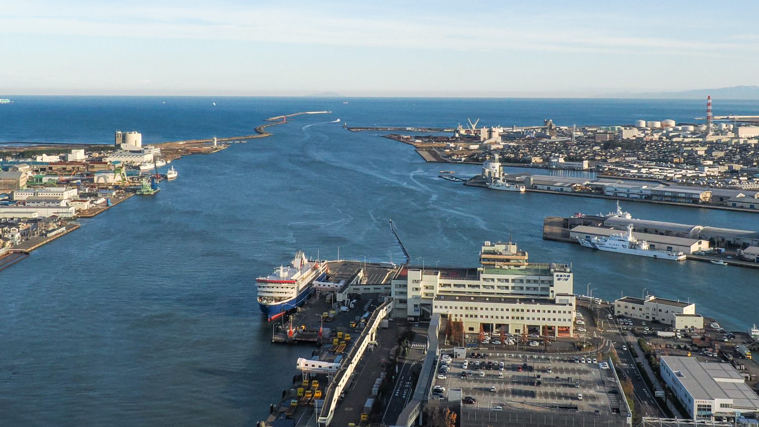 "Sado Kisen ferry port" at the mouth of Shinano River running into Japan Sea