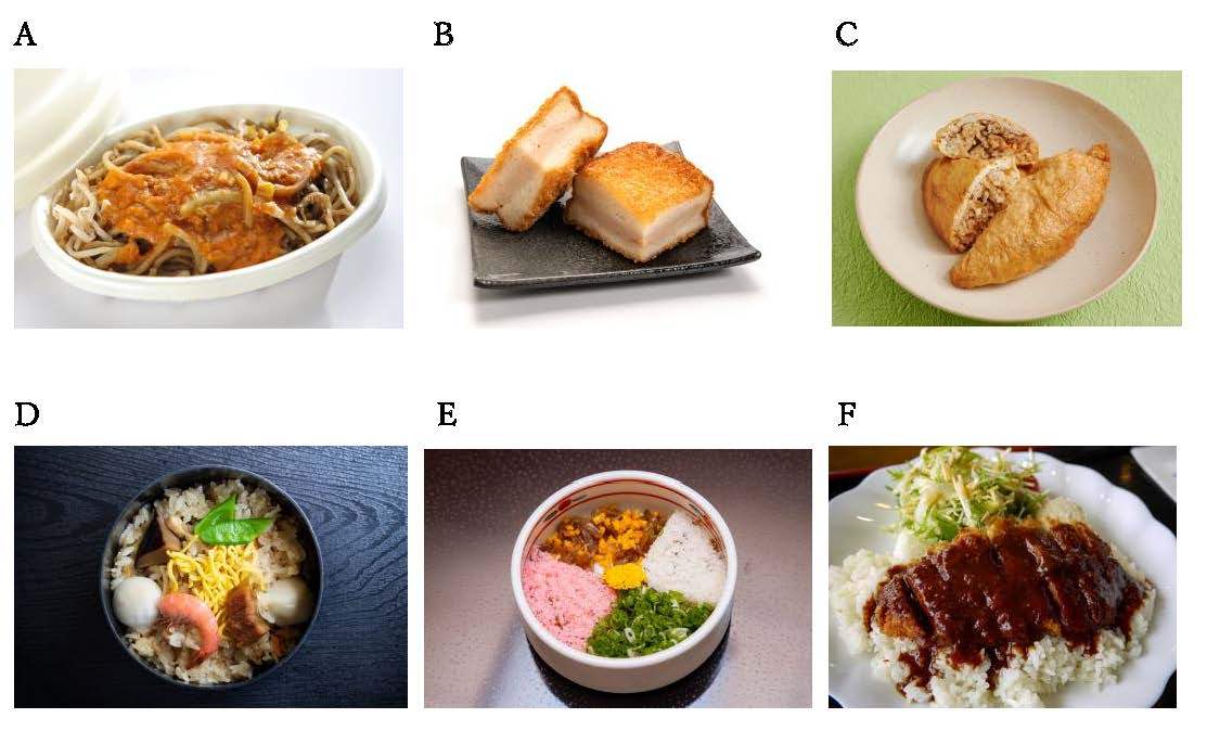 ヒント：Aは新潟、Bは長崎、Cは鳥取、Dは岡山、Eは愛媛、Fは北海道のグルメです