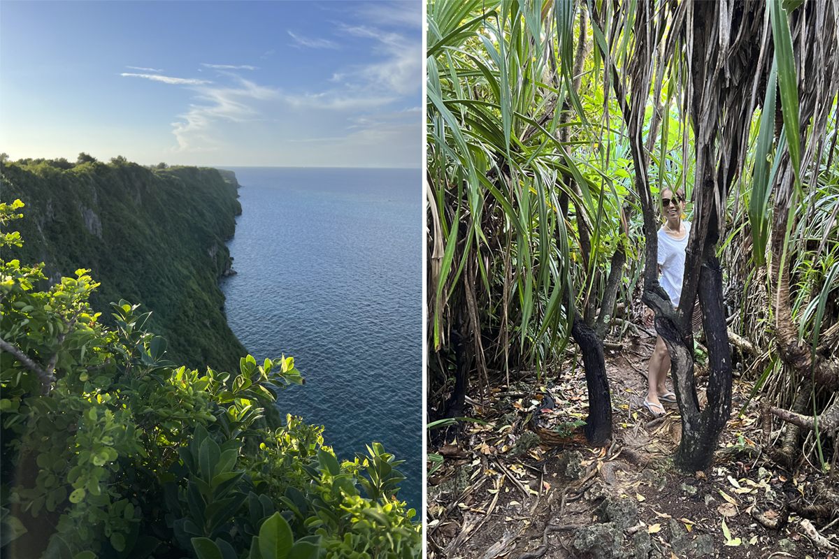 左 ：三角点から見える風景。真下に海が広がり写真で見るより絶景。 右 ：道路から木が生茂る中を進むと絶景スポットに出ます。