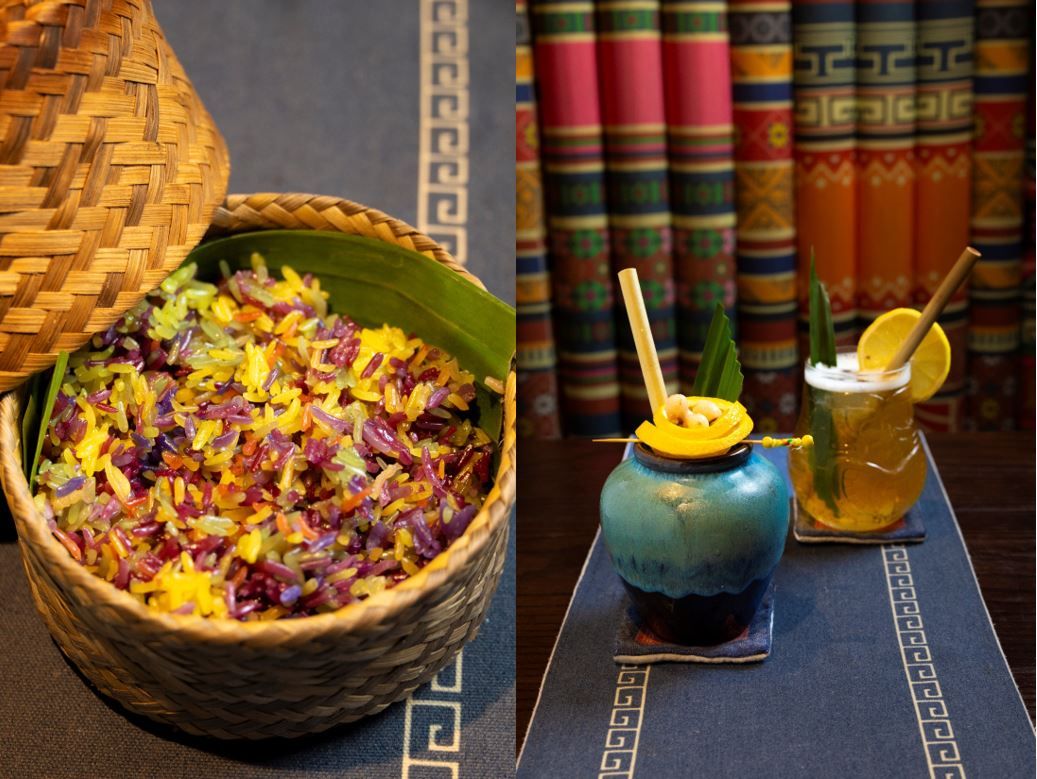 ベトナム北西部の山岳地帯に住む少数民族の伝統料理を提供する「ア・バン・マウンテン・デュー」。左は花や葉で色付けした5色のもち米