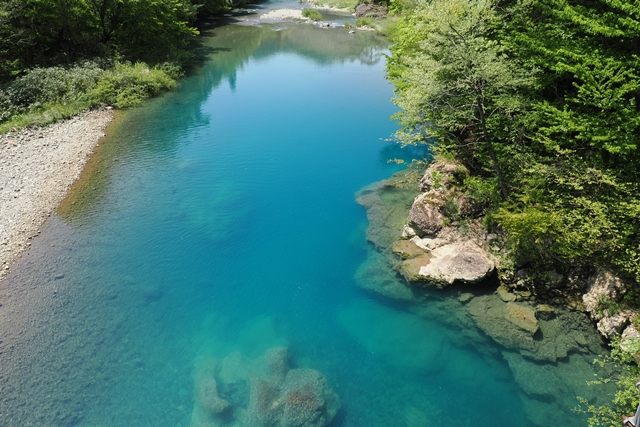 神の岩橋上より下流側を俯瞰します。
新緑に映える神秘のコバルトブルーがとても美しく輝いています。
独特の色味は、上流側にある玉川温泉から流れ込むアルミニウムが作用しているそうです。