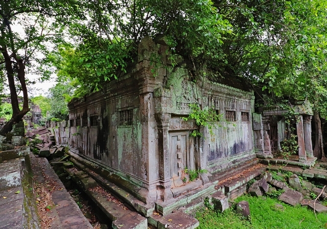 長い年月を経て、苔むした寺院の壁