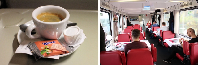 左：食堂車では眠気覚ましの美味しいエスプレッソが飲める／右：朝食時間帯は混むので、乗車したらすぐに食堂車へ駆け込みたい