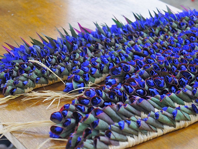 長野や熊本の県花でもあるリンドウで作ったレイも華やか