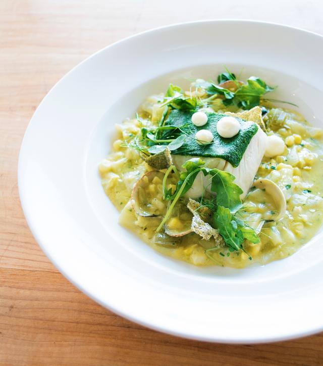 th_Slow Cooked Halibut - Spring chowder, clams, buttermilk, herbs, fish skin Chicharrón.jpg
